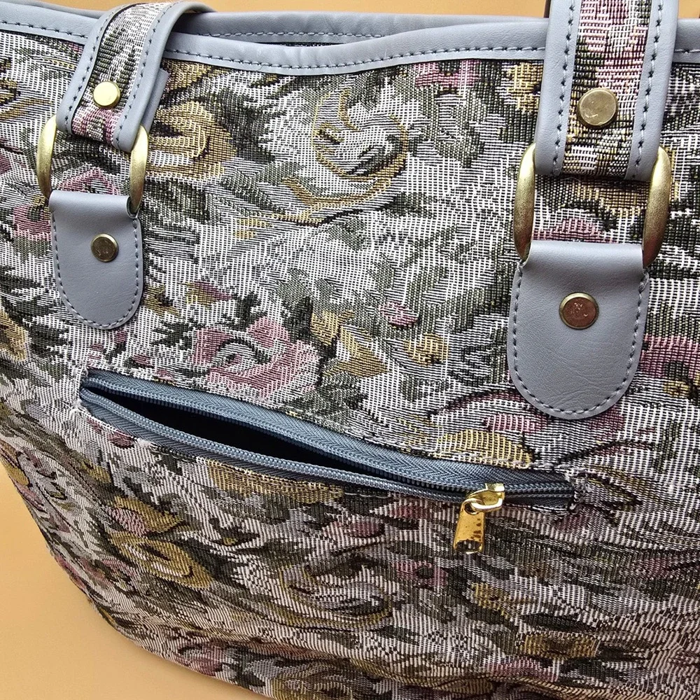 Vintage Floral Tapestry Tote Bag Set 3pc Shoulder Bag Key Holder Eyeglass Case